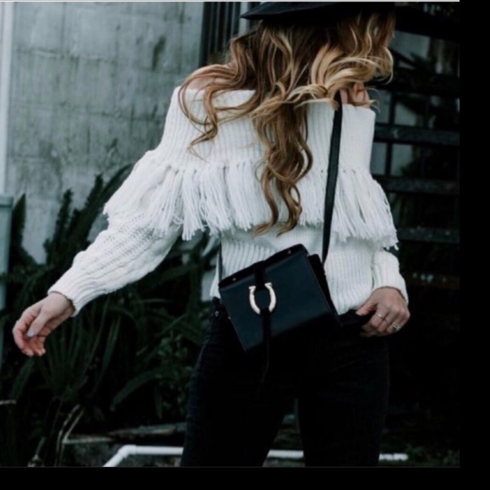 New! Bohemian fringe white knit, off the the shoulder sweater - Picture 4 of 6